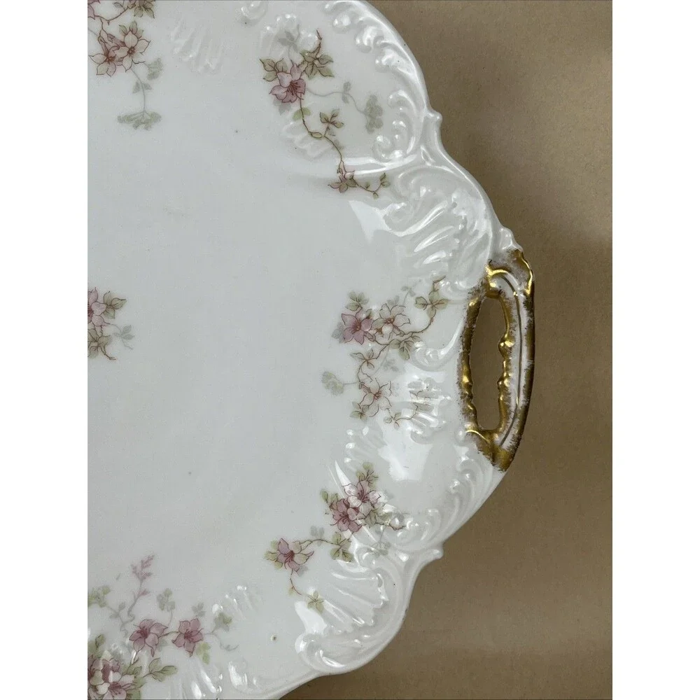 Antique‎ Elite Works Limoges France Pink Green Floral Serving Plate Golden Hdls